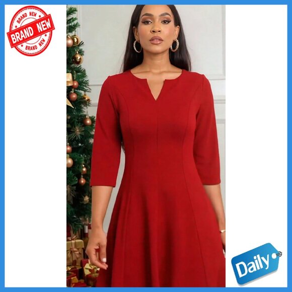 Midi A-Line Fit Flare Dress 3/4 Sleeve V-Neck with Pockets - Picture 8 of 8